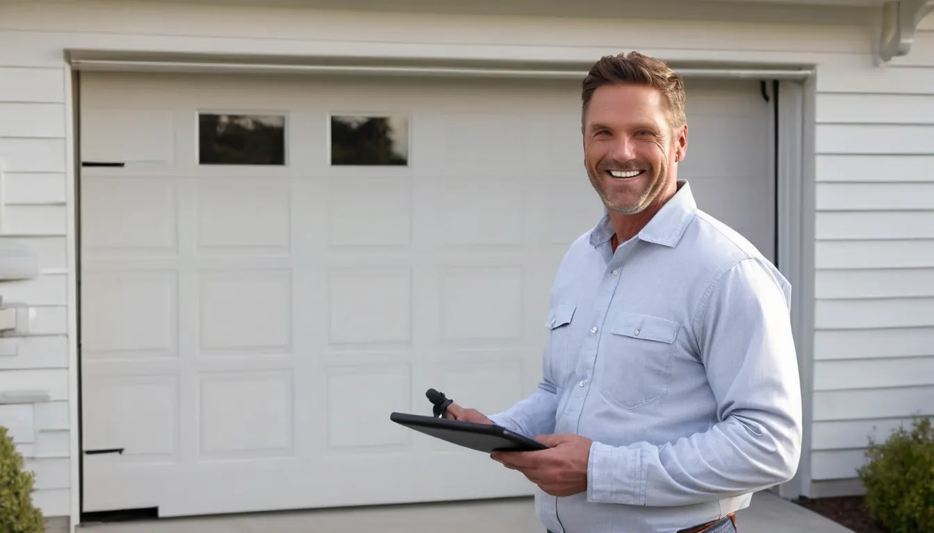 A local garage door provider inspecting a torsion spring above a garage door at a home in Chanhassen